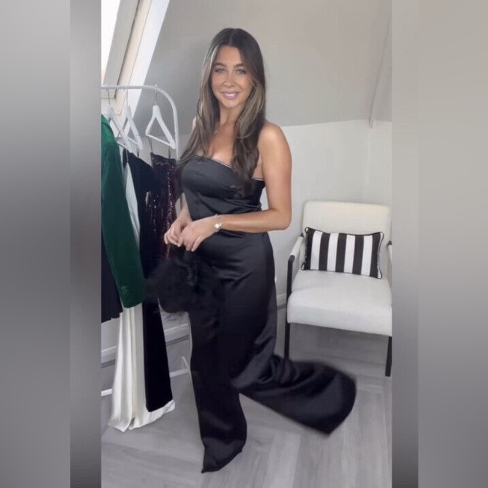 New $89 Zara Rhinestone Satin Effect Black Jumpsuit Small 8342/223